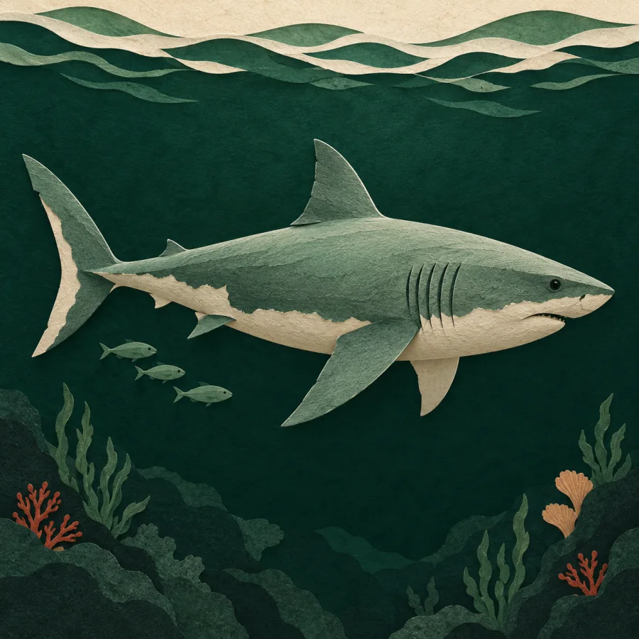 A big shark swims in a dark green sea