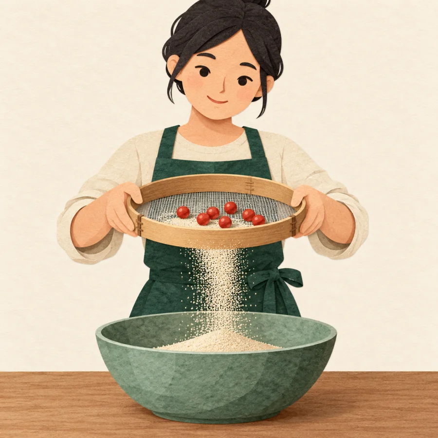 A person shakes a sieve, red beads stay inside