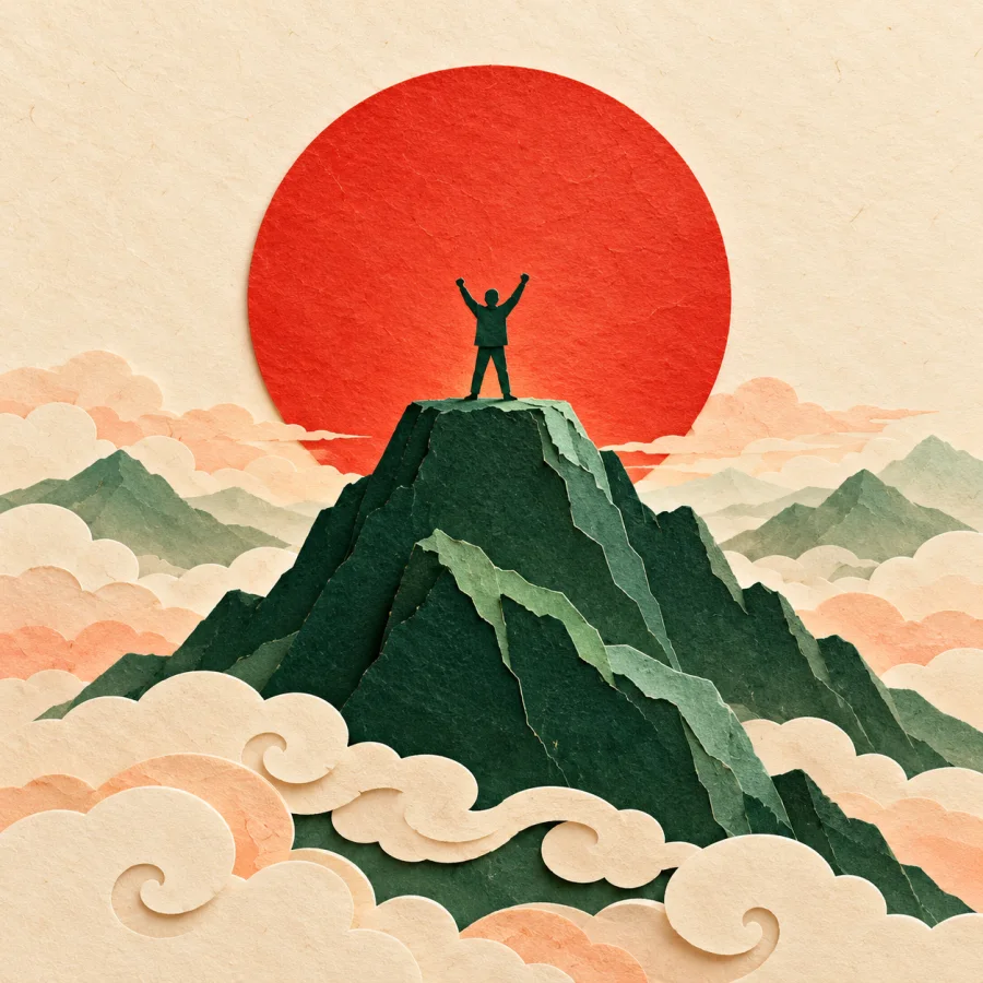 A person stands on a mountaintop under a red sun