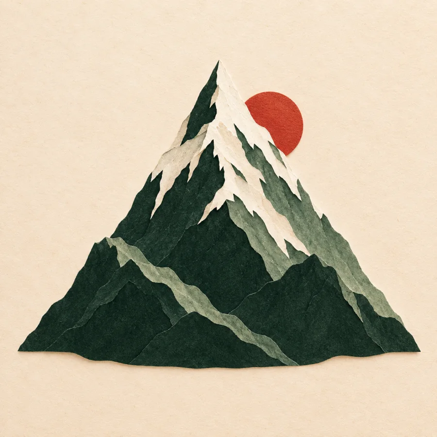 A pointed snowy peak in front of a red sun