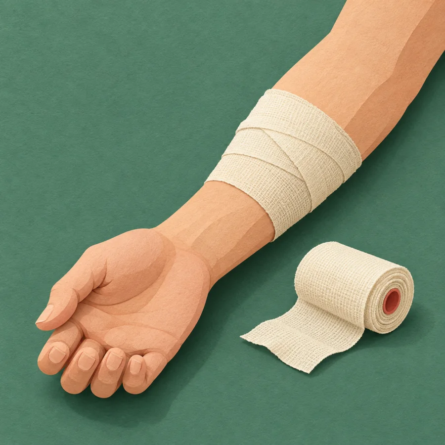A forearm with a clean bandage and a roll of gauze
