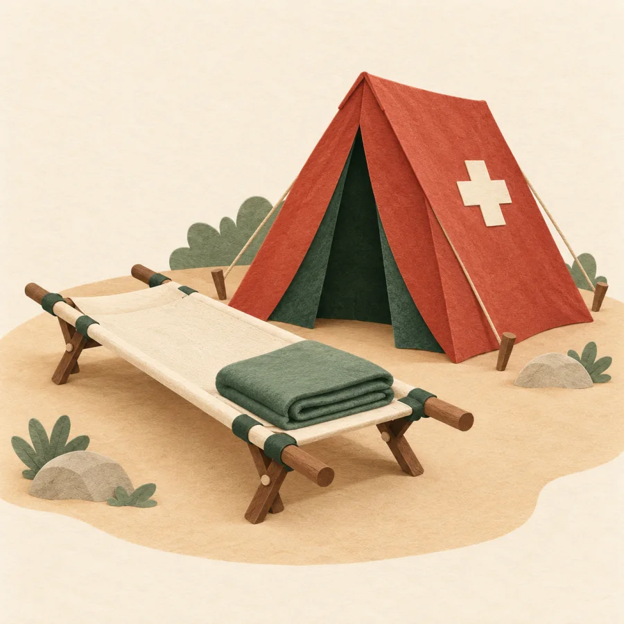 A stretcher with a blanket beside a red tent