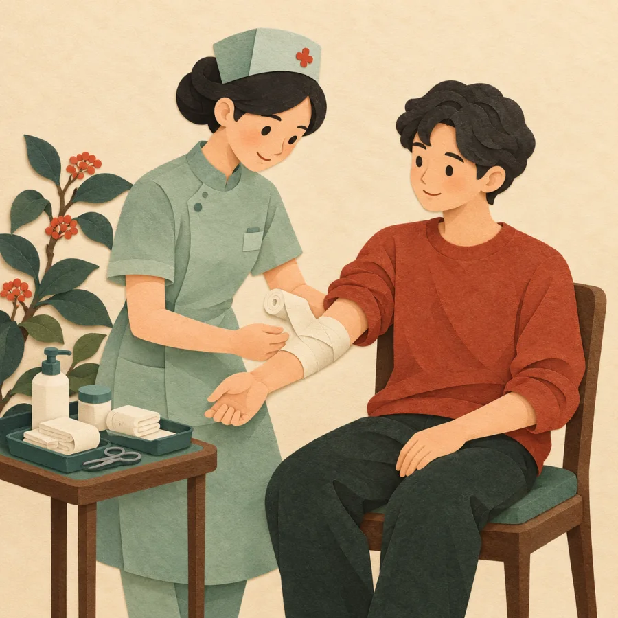 A nurse bandages a seated person's arm