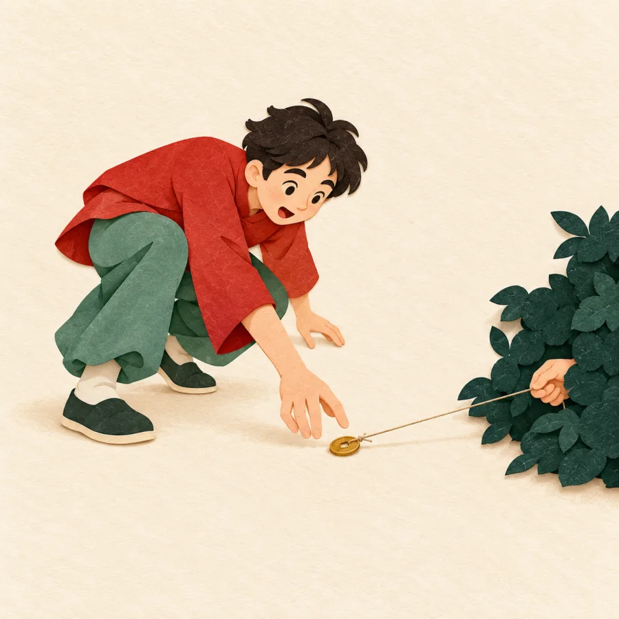 A person reaches for a coin pulled away on a string