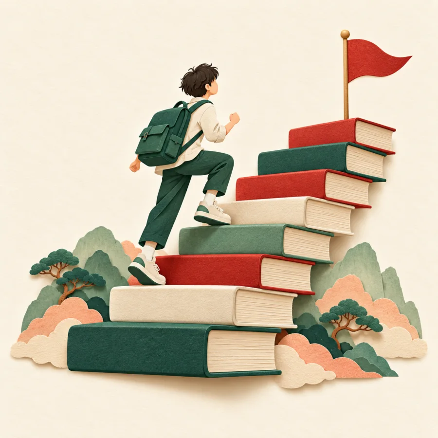 A student climbs a staircase of books toward a flag