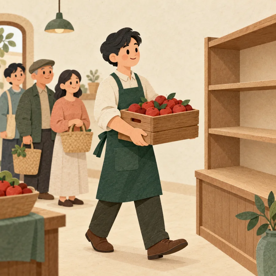 A shopkeeper puts a crate of red fruit on a shelf
