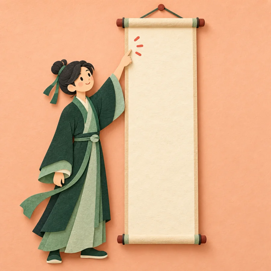 A person points at the top of a long scroll