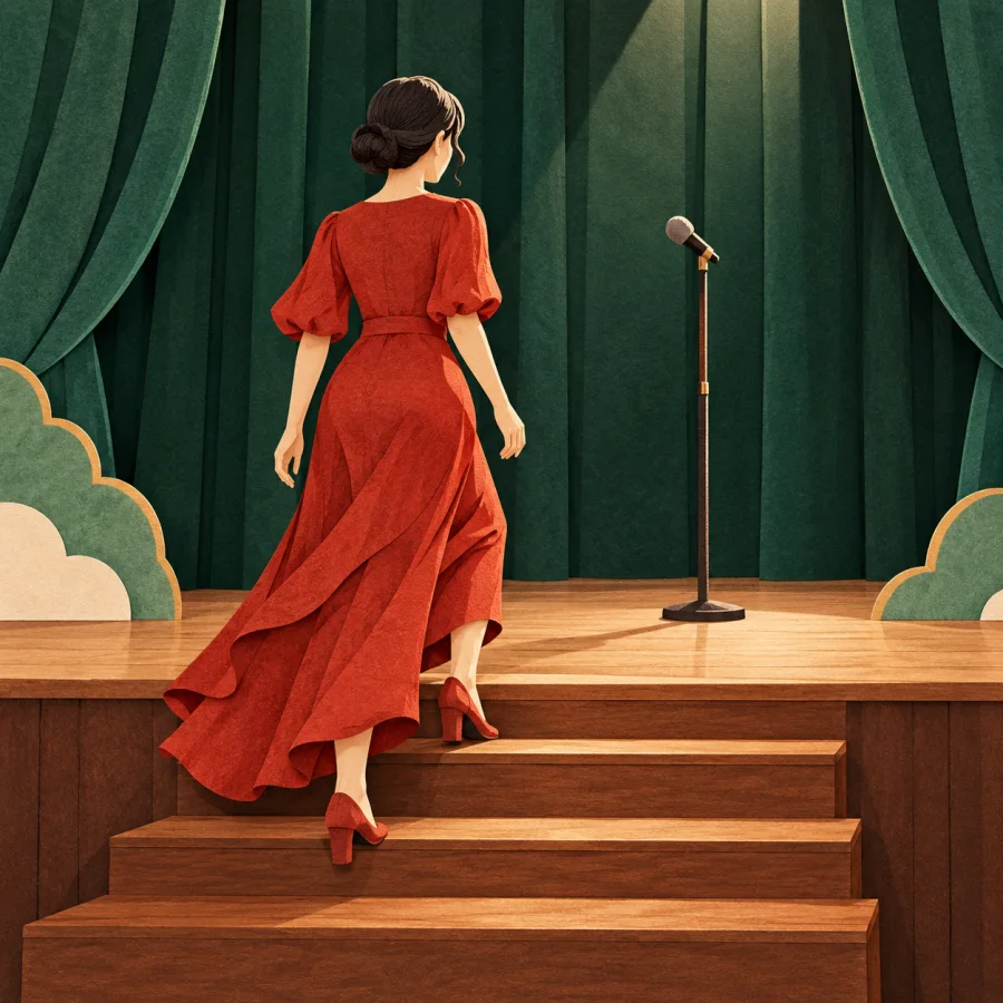 A person in a red dress steps onto a stage