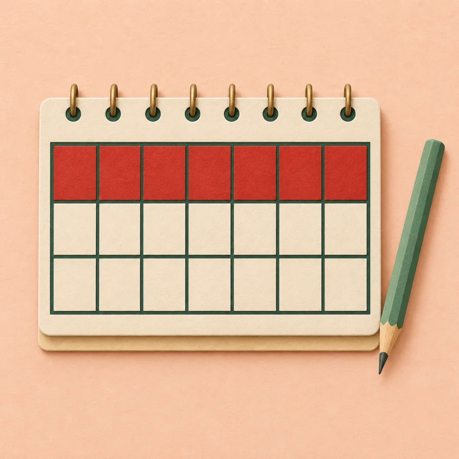 A paper calendar with its first row filled in red