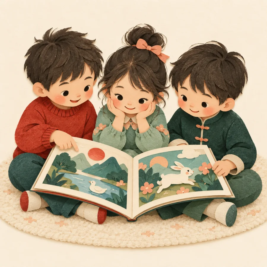 Three children look at a big picture book