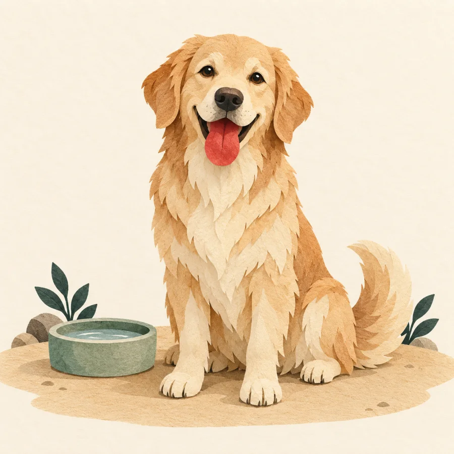 A dog with its red tongue out sits by a bowl