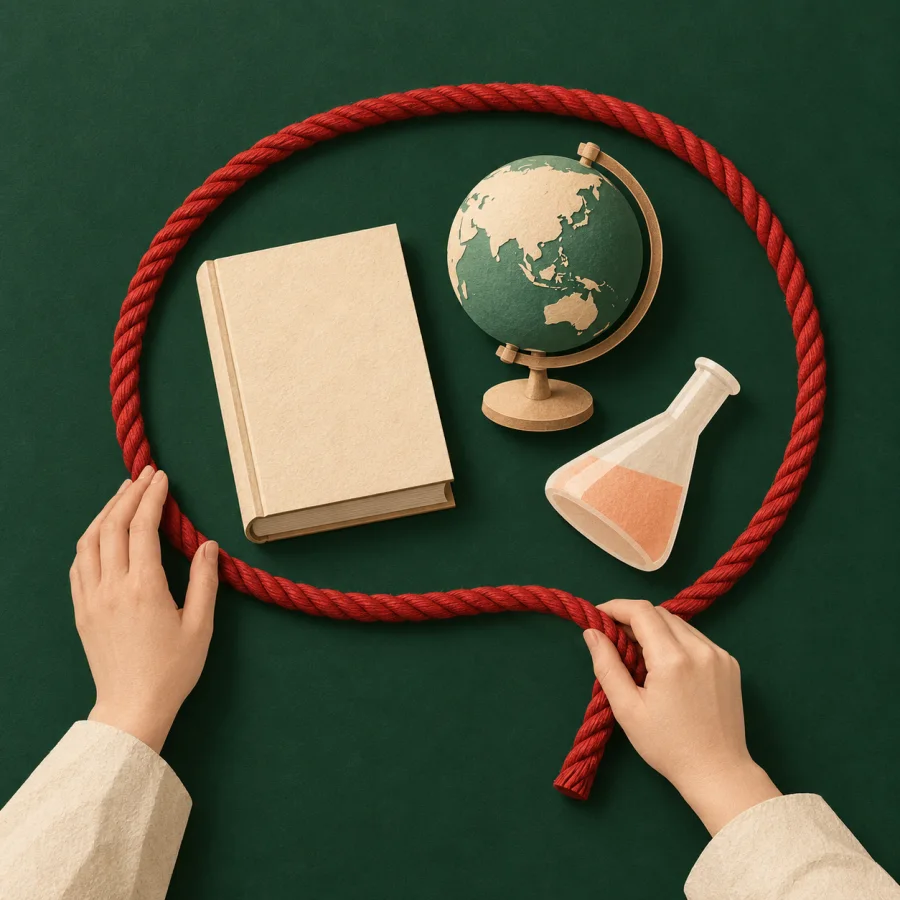 A person loops a rope around a book, globe and flask