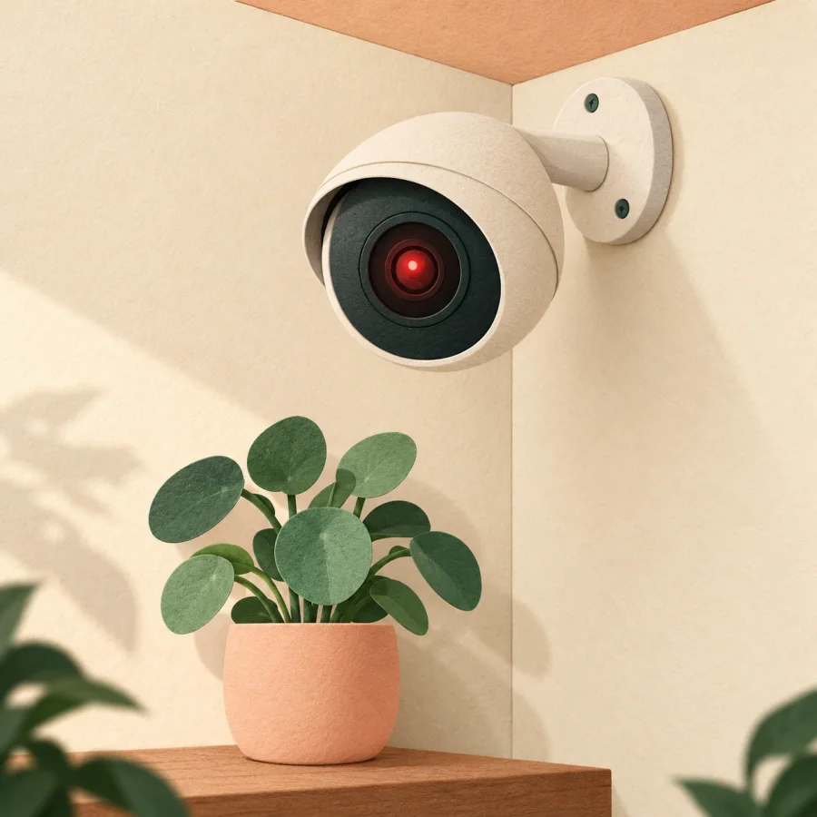 A round camera on a wall beside a plant