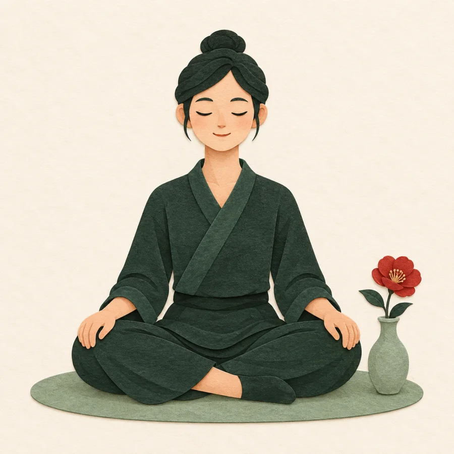 A person sits cross-legged on a green mat