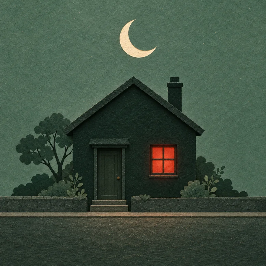 One glowing window in a dark house under the moon