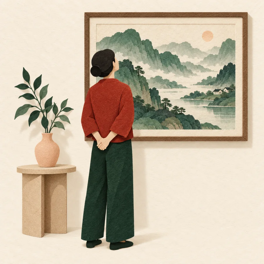 A person admires a landscape painting beside a vase