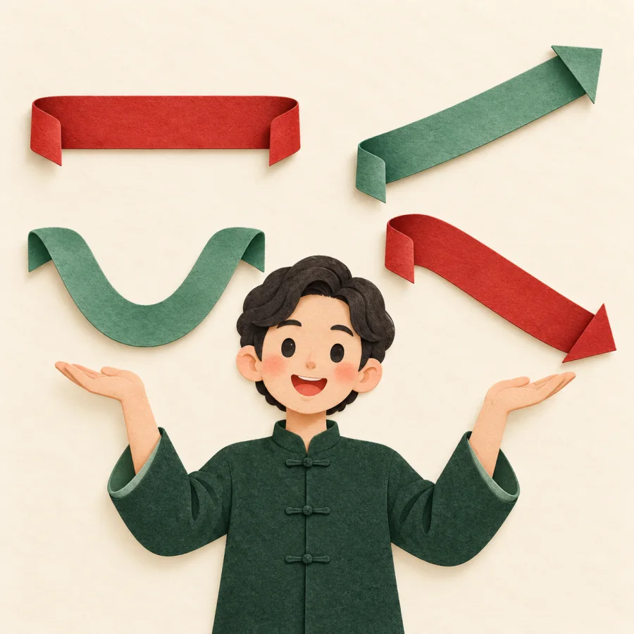 A person holds four ribbons of different shapes