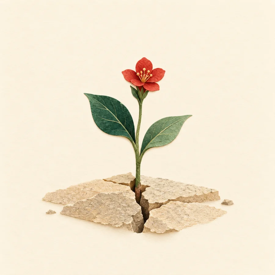 A green sprout pushes through a crack in stone
