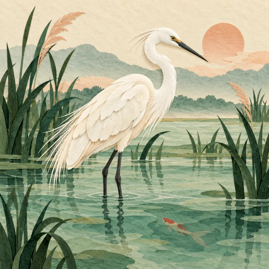 A white egret stands in water among reeds