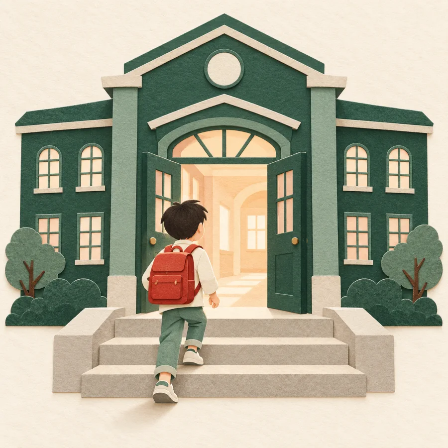 A student climbs steps toward a larger building