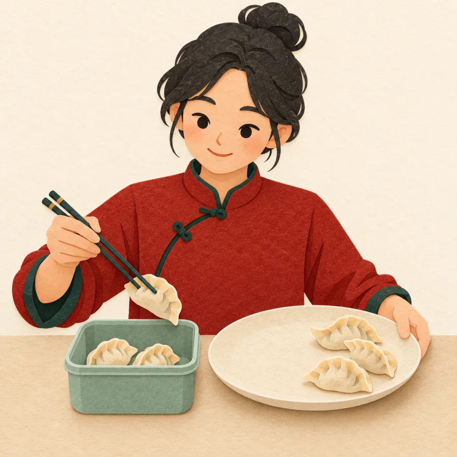 A person moves dumplings from a plate into a container