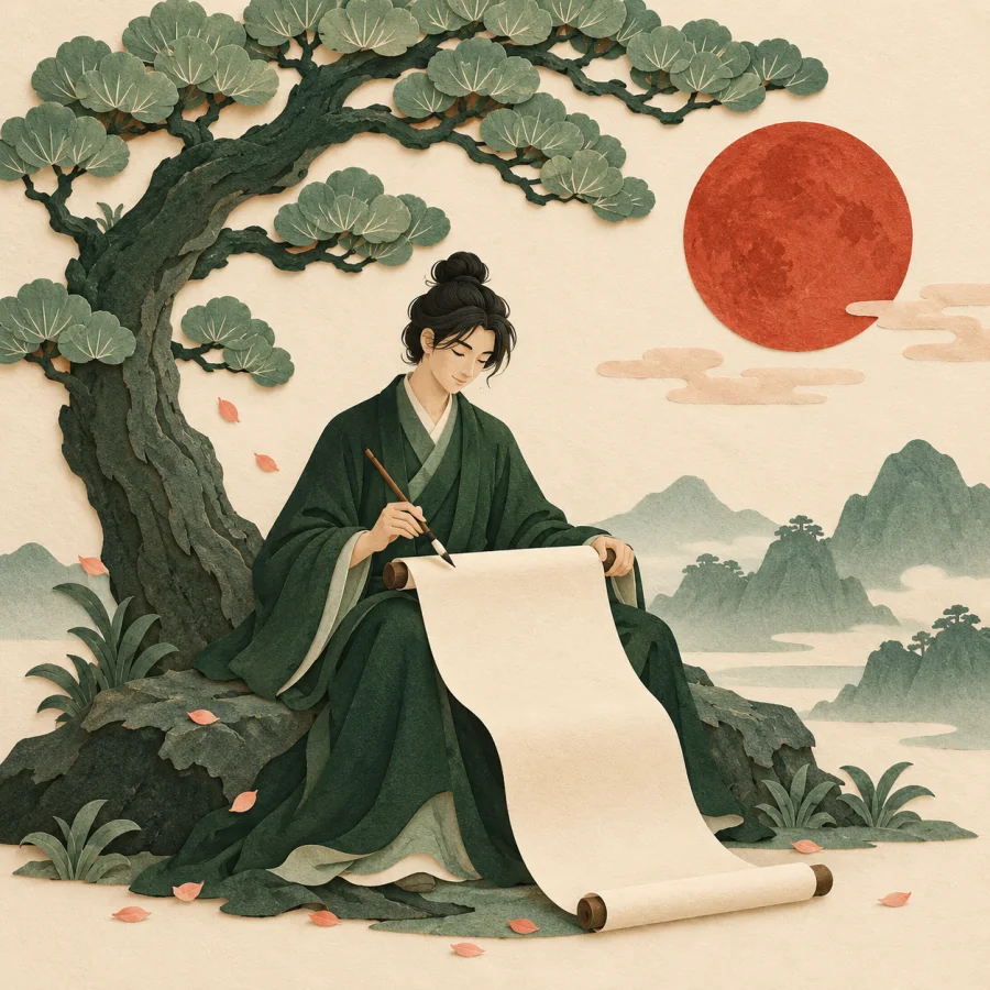 A person in a robe sits under a tree with a scroll