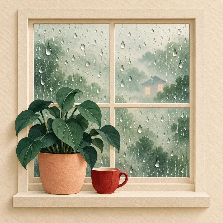 A foggy window with droplets and a plant on the sill