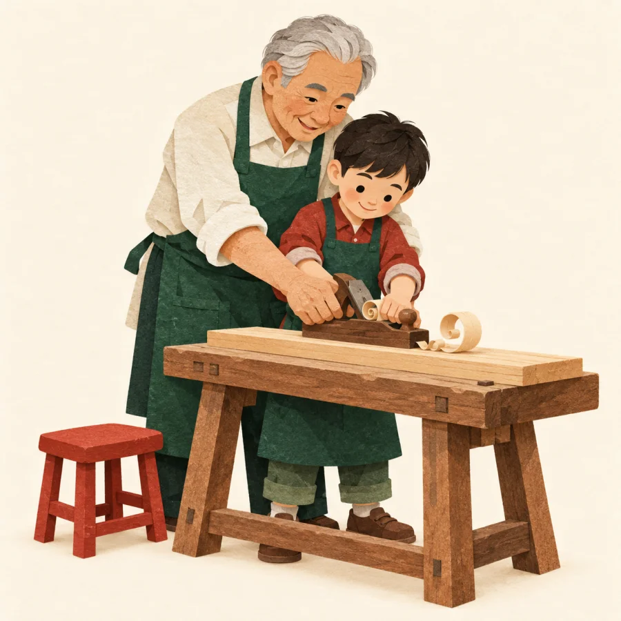 An older craftsperson shows an apprentice how to plane wood