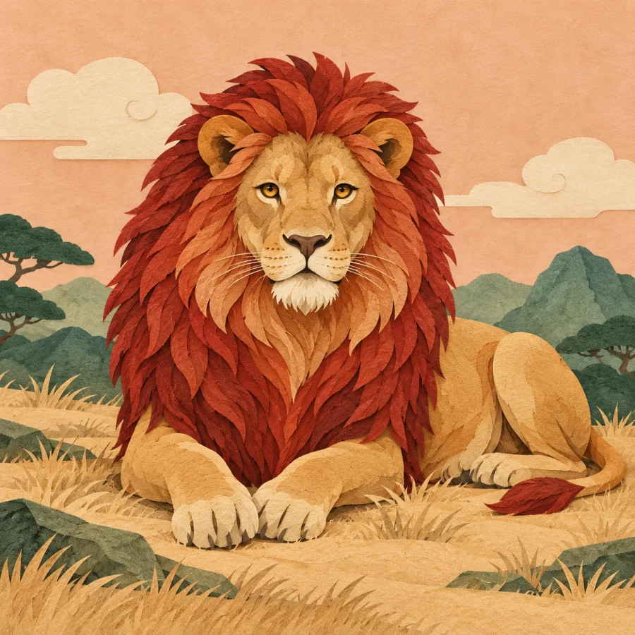 A lion with a full mane rests on dry grass