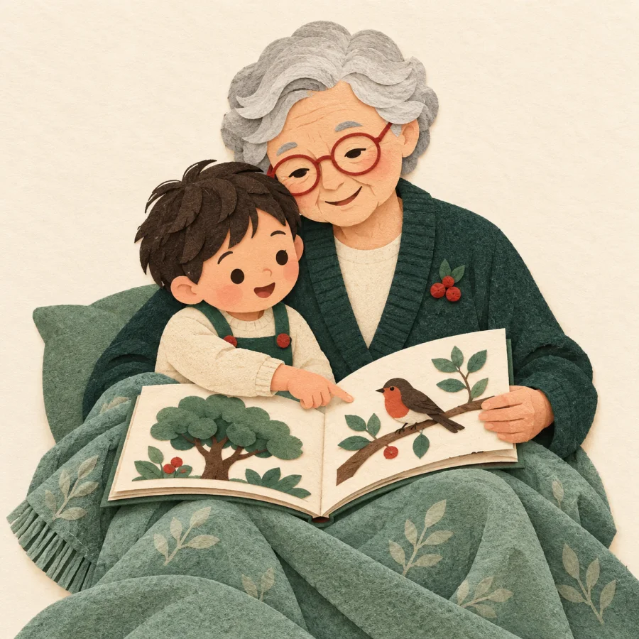 An elderly person in glasses reads a book with a child