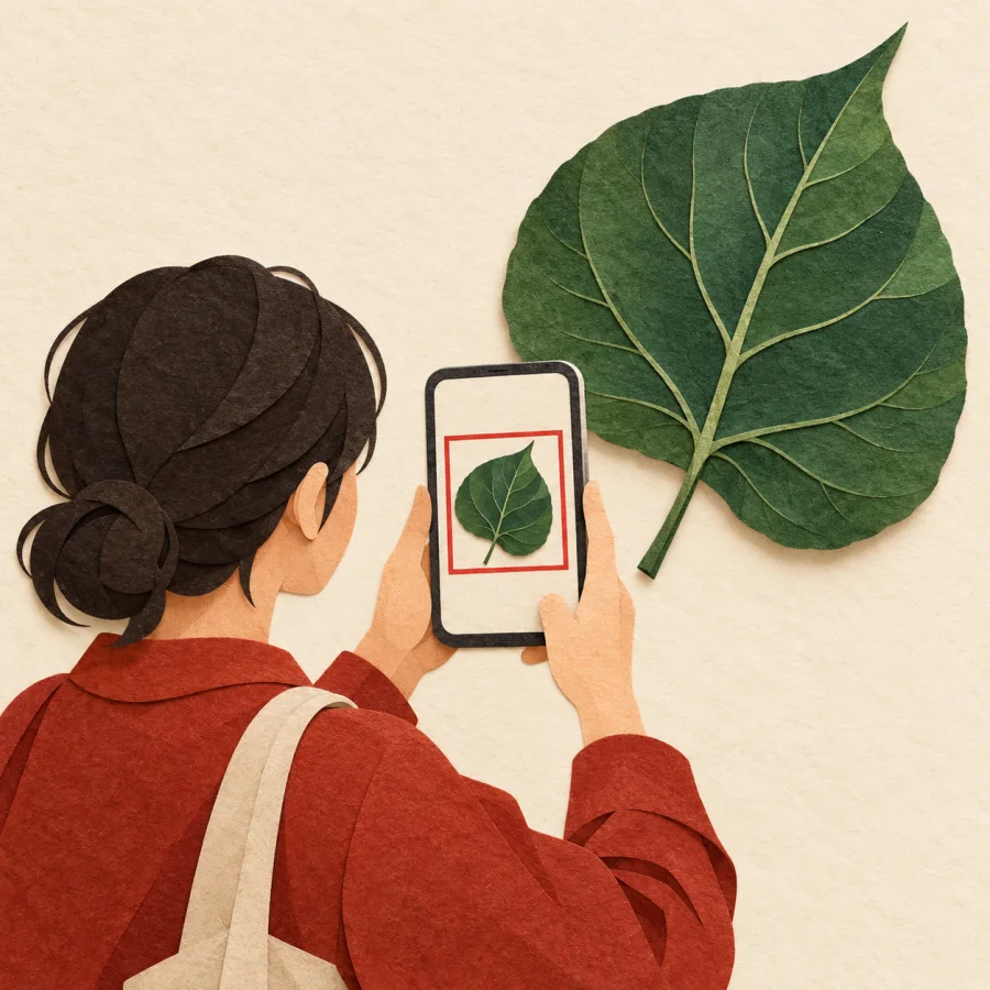 A person points a phone at a green leaf