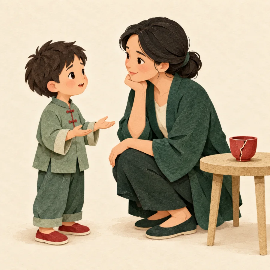 A parent kneels to listen to a child beside a cup