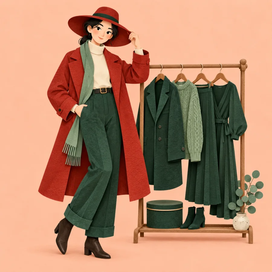 A person in a red coat and hat beside a clothes rack