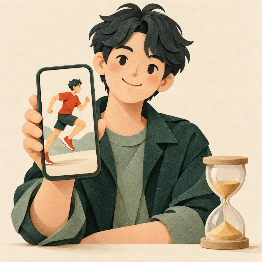 A person watches a runner on a phone beside an hourglass