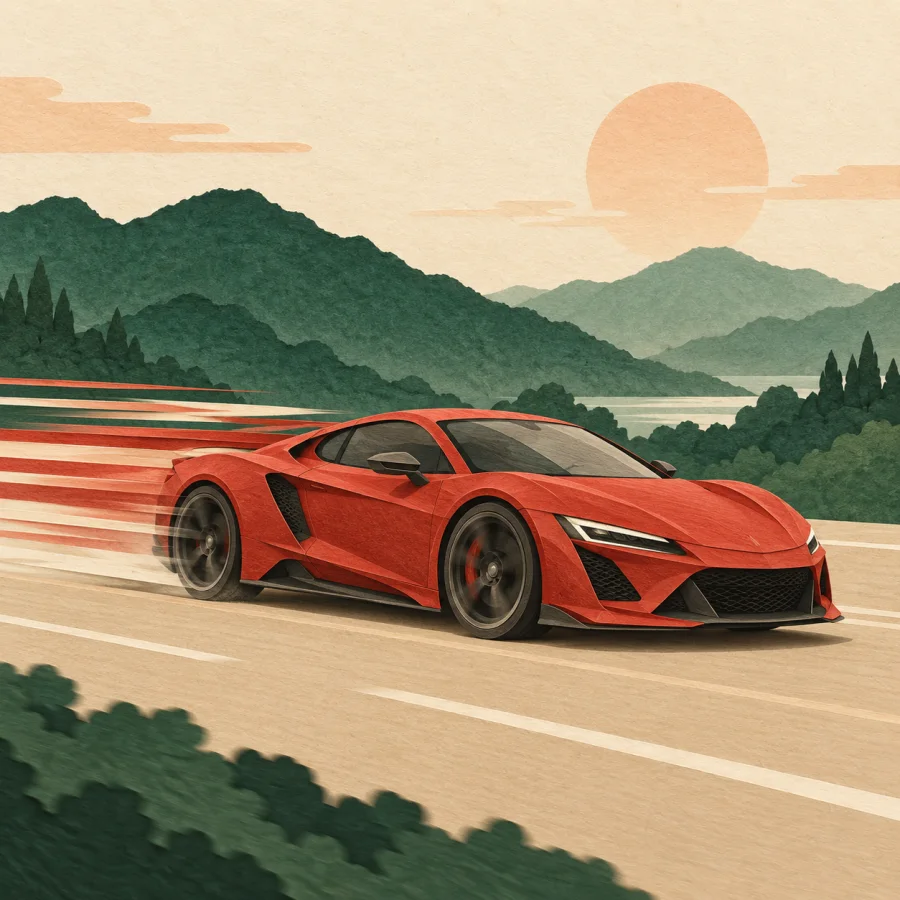 A red sports car speeds along a straight road