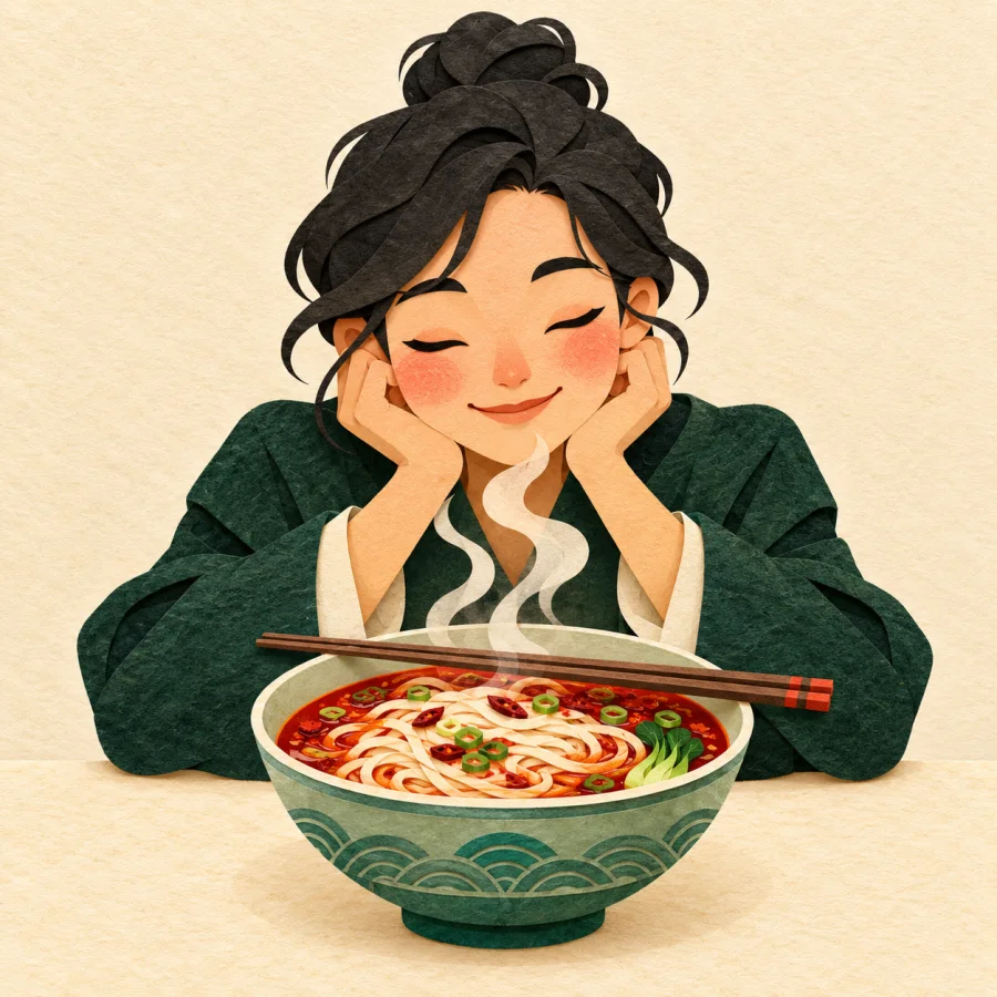 A person leans toward a steaming bowl of noodles