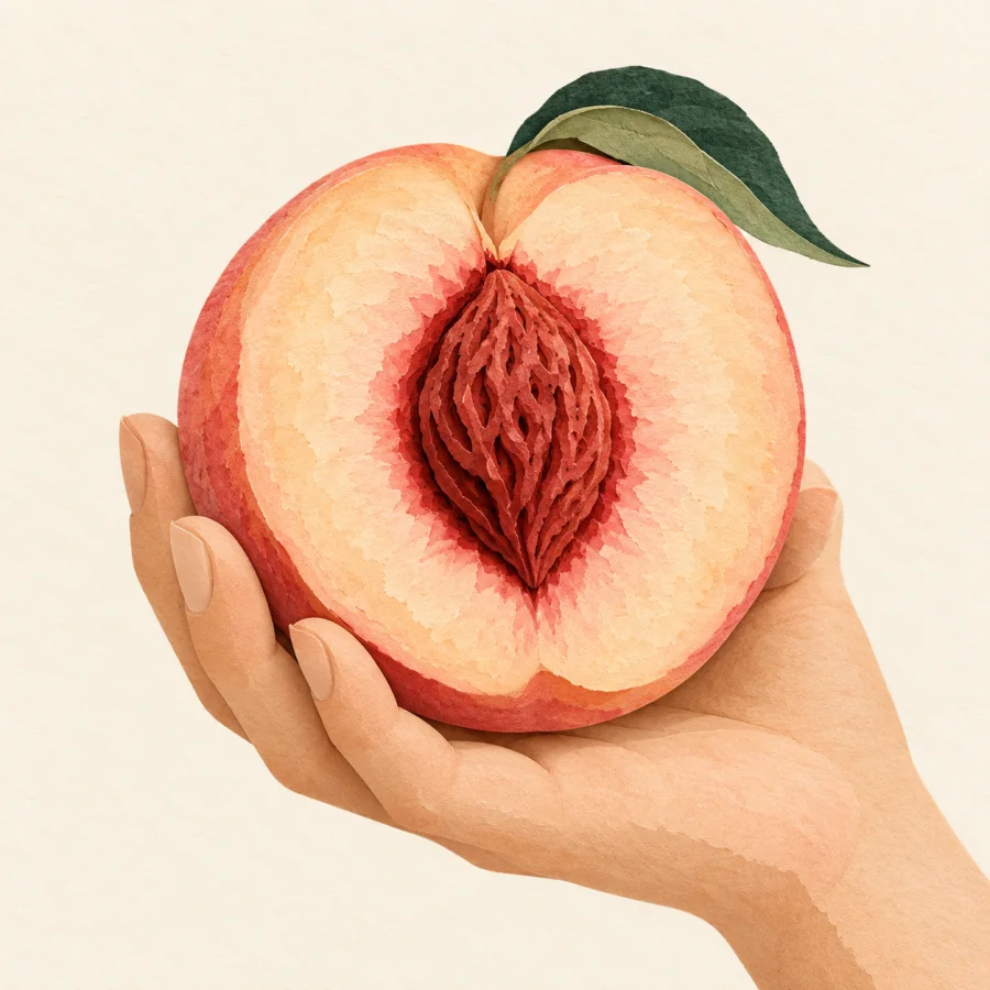 A hand holds a peach half with a red stone