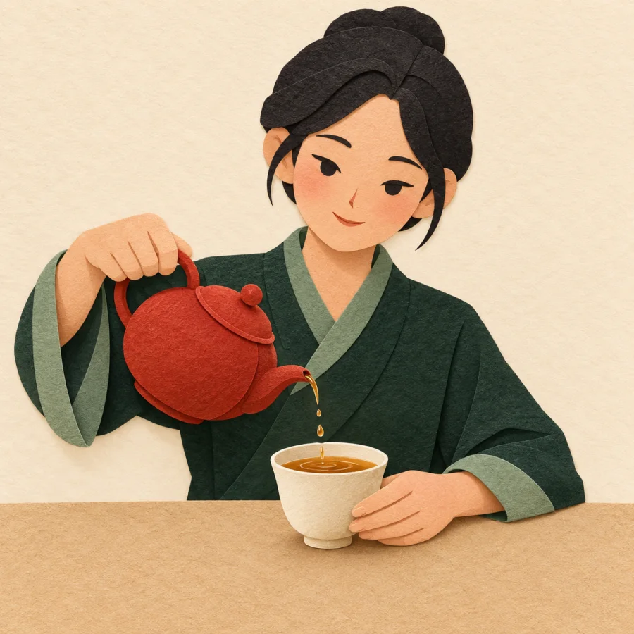 A person pours tea into a cup to the right level
