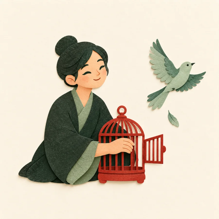 A person opens a cage and a bird flies out