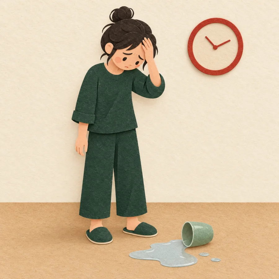 A person with a hand on their forehead looks at spilled water