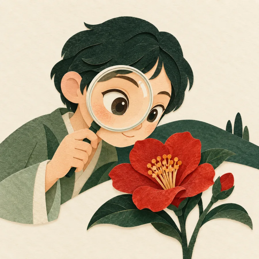 A person looks at a red flower through a round lens