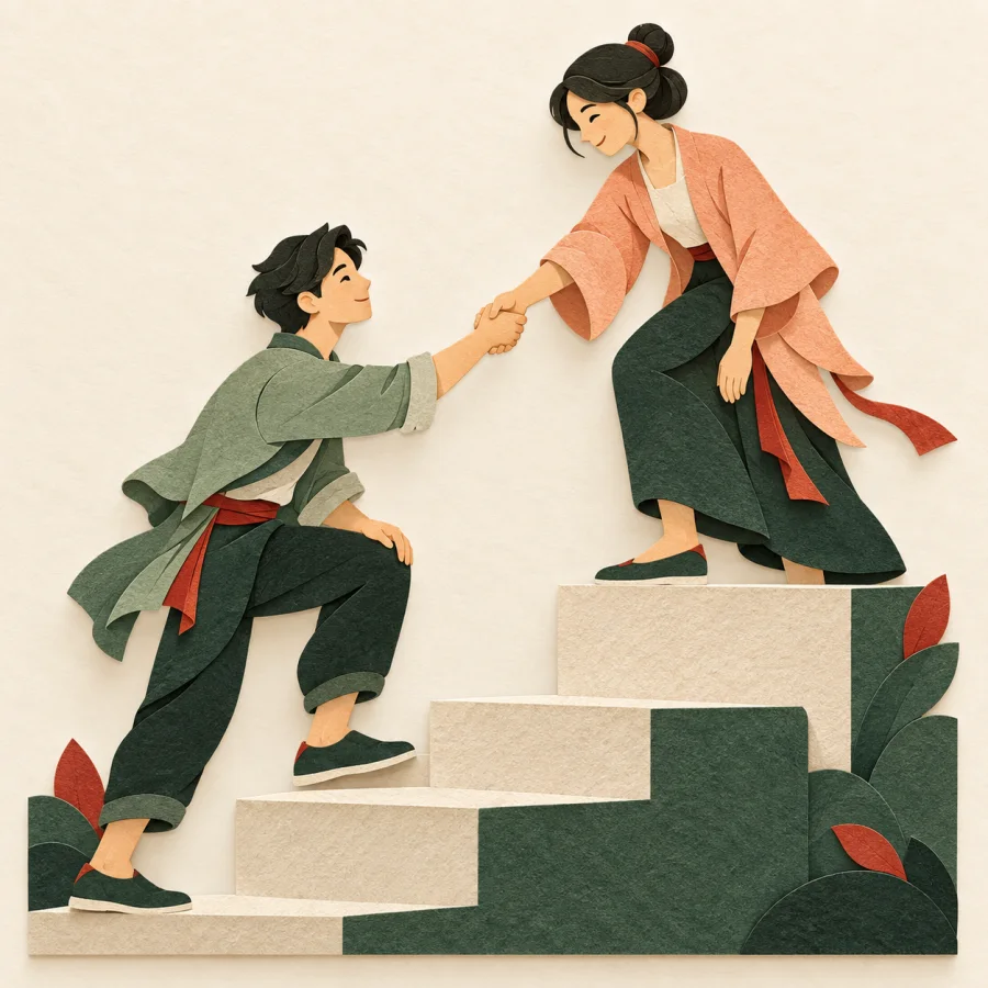 One person helping another up