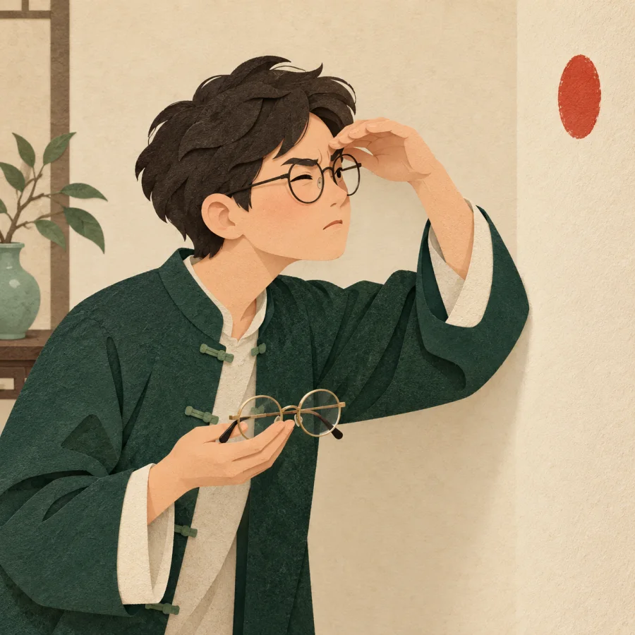 A person in glasses squints at a distant red circle