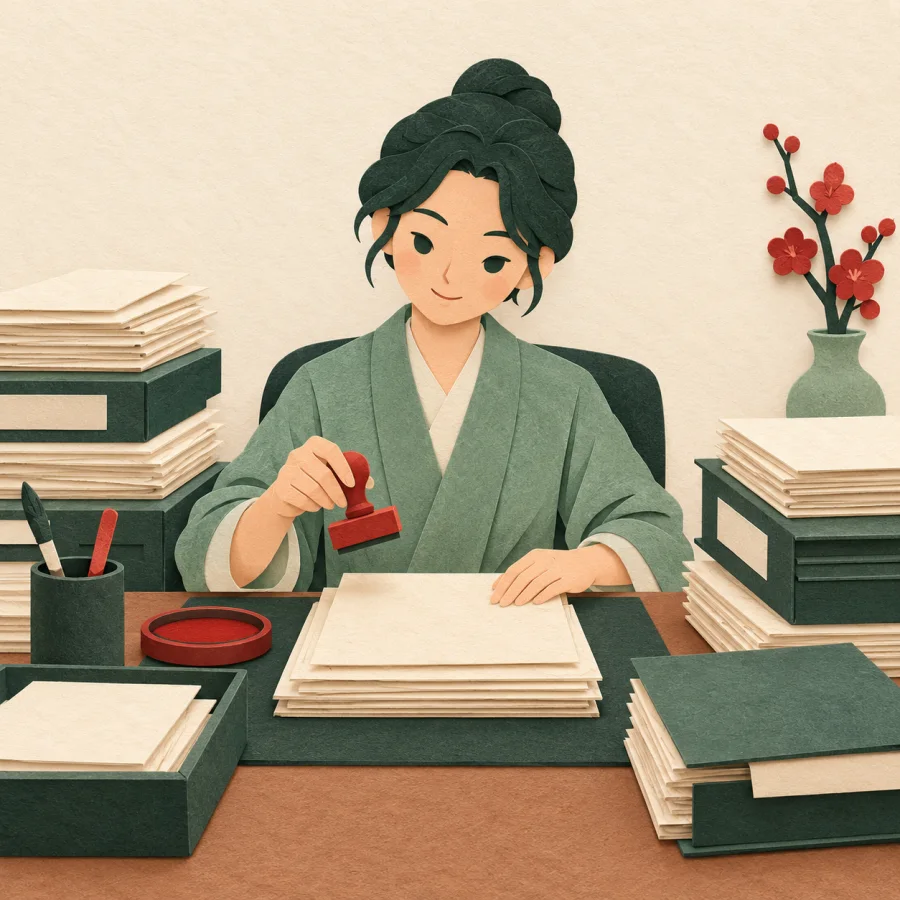 A person at a desk surrounded by folders and papers
