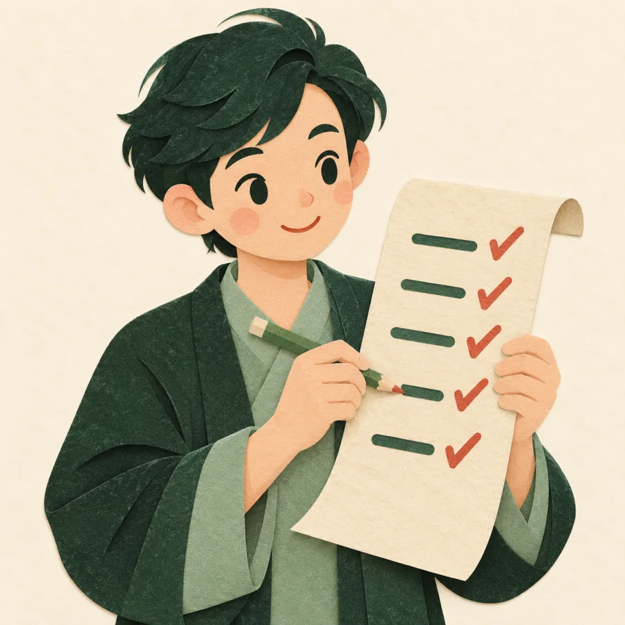 A person marks items on a long list