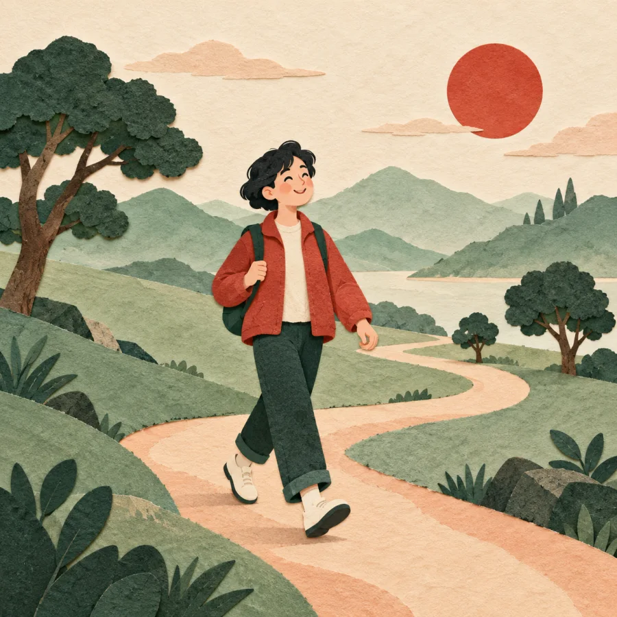 A person strolls along a path in gentle sunny weather