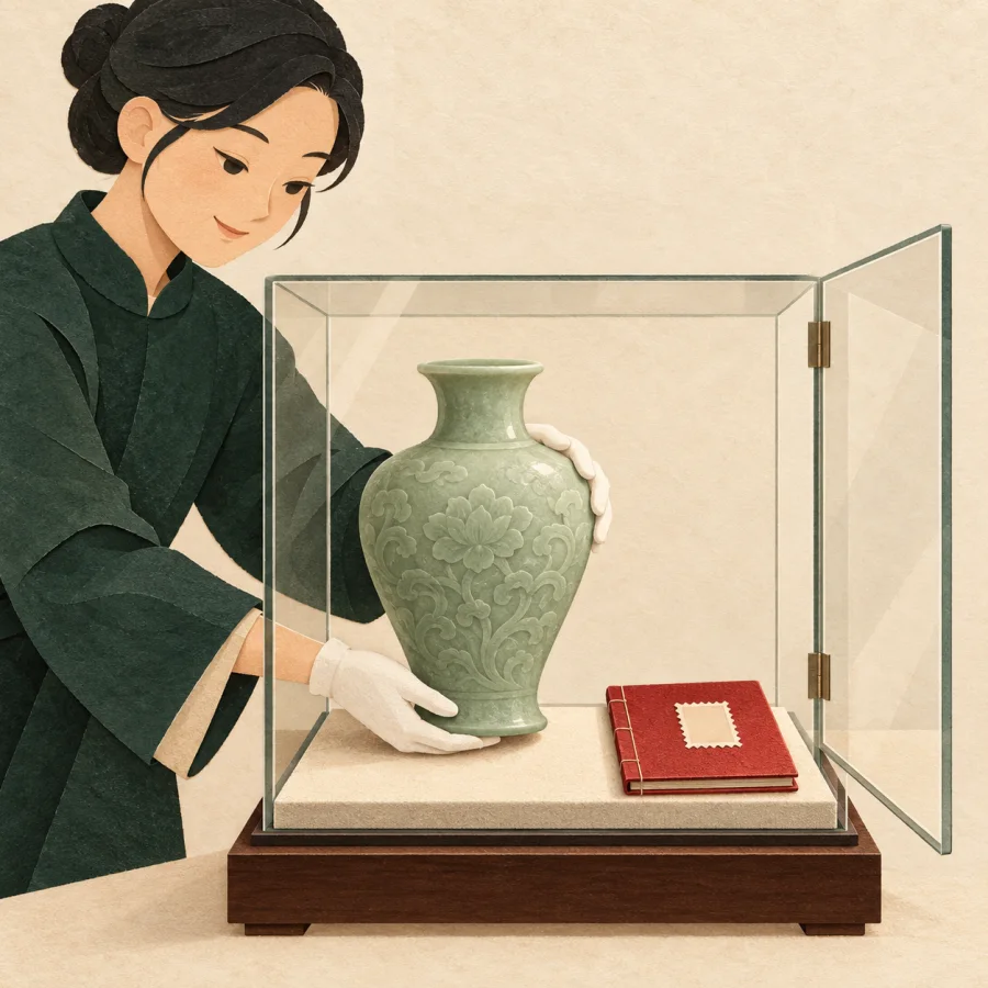 A person places an antique vase in a glass display case