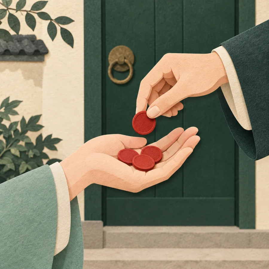 A person holds out a palm while another places coins in it