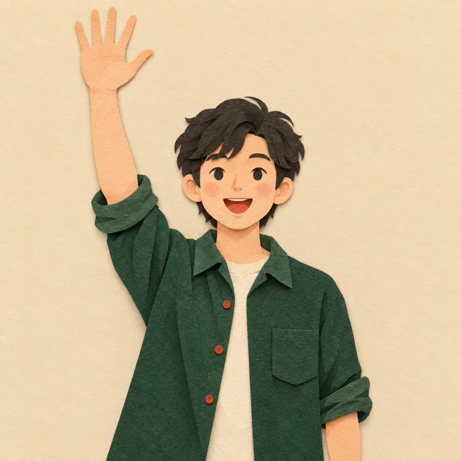 A person raises one arm high and waves