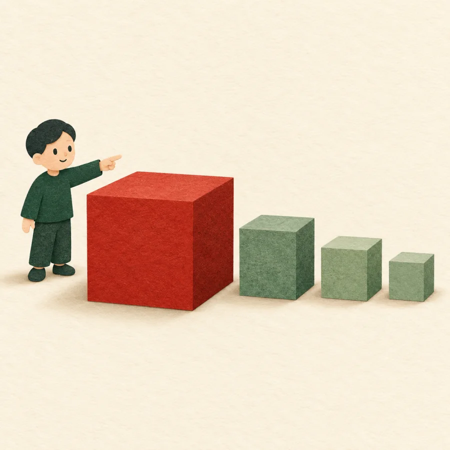 A red block stands first in a row of green blocks